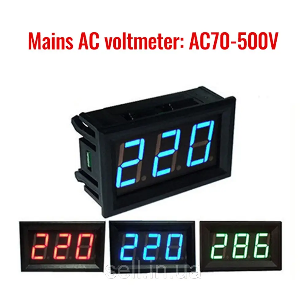 Вольтметр змінного струму 70-500V • Цифровий • Червоний дисплей 0.56" • Автономне живлення, фото 1