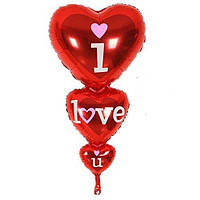 Фольгированный шарик, фигура, "Тройное сердце I love you" красный 119х62см