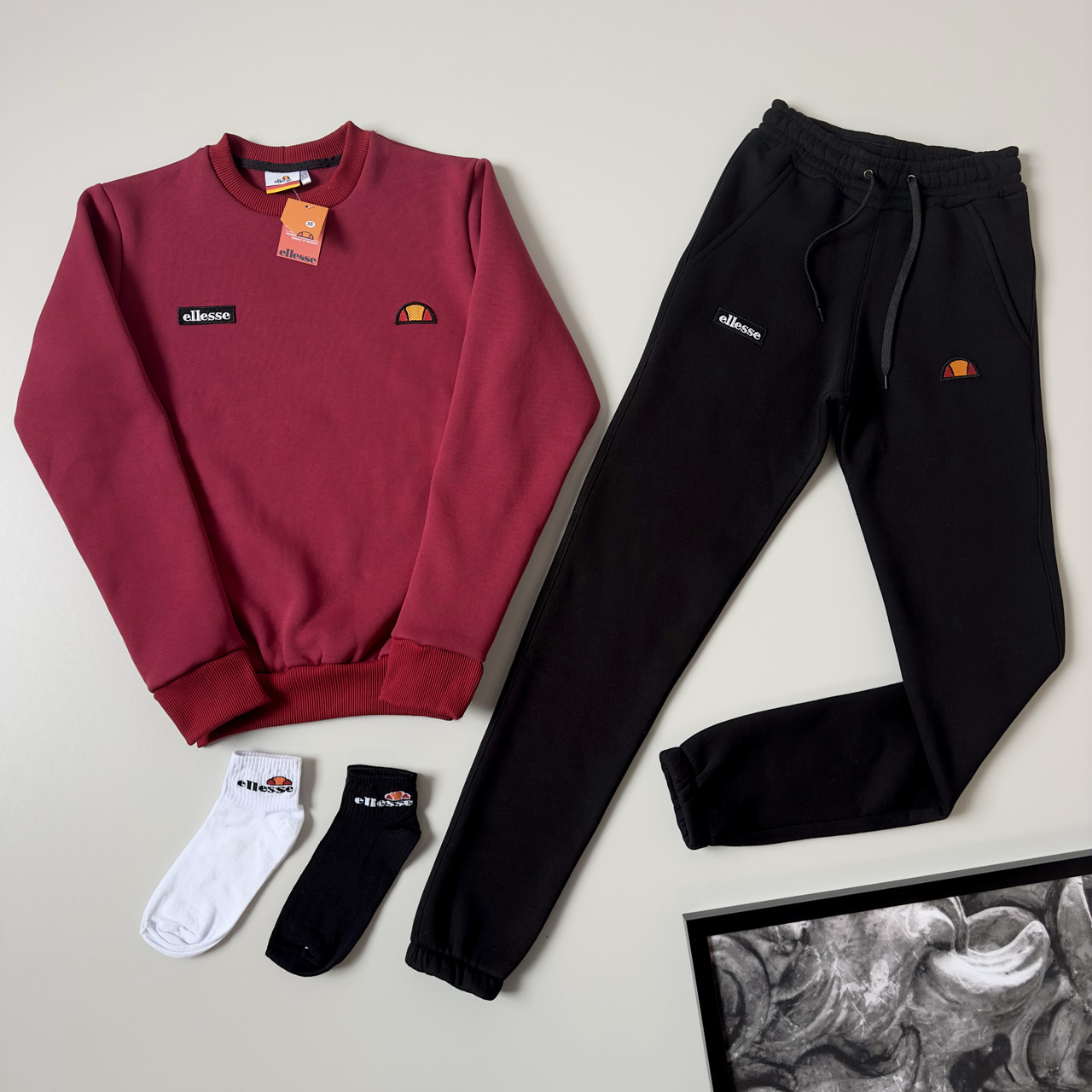 Спортивний костюм Ellesse чоловічий зимовий на флісі комплект теплий світшот штани еліс чорно-бордовий