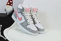 Женские зимние кроссовки Jordan 1 Grey Pink МЕХ (серые) модные повседневные джорданы 13014 Найк