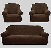 Жакардовий чохол на диван та 2 крісла Kayra Volna без спідниці колір коричневий