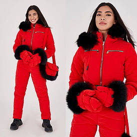 Жіночий зимовий комбінезон червоний у комплекті з сумкою та рукавичками