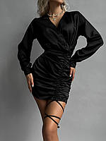 Женское вечернее,нарядное черное короткое,сатиновое турецкое мини платье,с длинным рукавом,на завязках