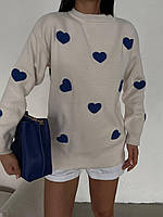 Стильный женский свитер оверсайз 42-46 с сердечками, не скатывается, приятный к телу.