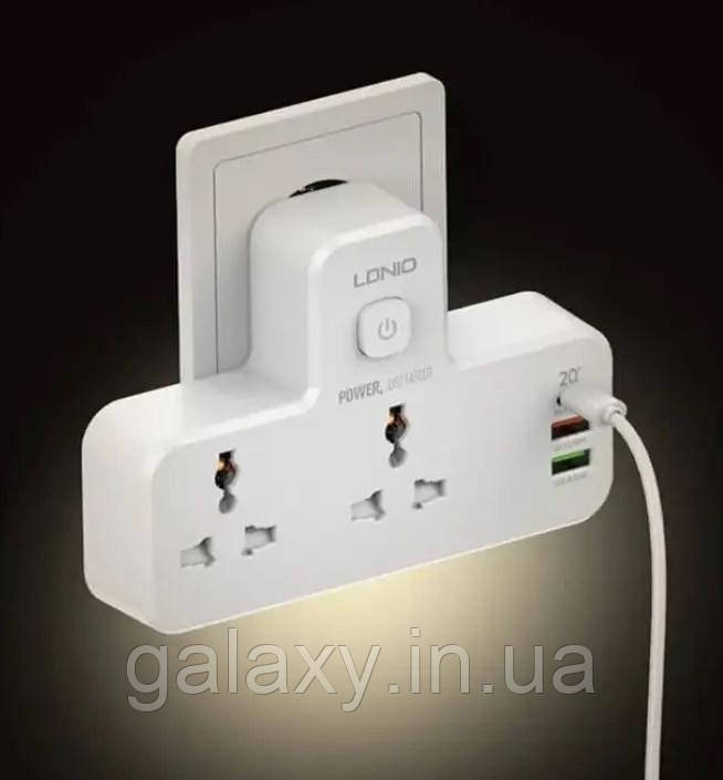 Мережевий фільтр LDNIO 2500Вт із швидкой зарядкой з нічником 2 розетки 2USB Type-C QC+PD SC2311 білий