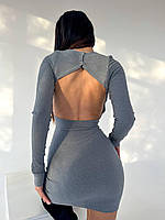 Стильное базовое женское мини платье рубчик по фигуре с вырезом на спине с длинным рукавом Серый, 44/46