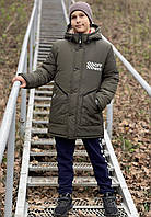 Зимняя удлиненная куртка-парка для мальчика на овчине хаки Off White 152-158