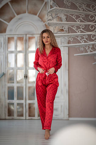 Стильна піжама жіноча сатинова в комплекті штани та сорочка Louis Vuitton розмір Xl Червоний, фото 2