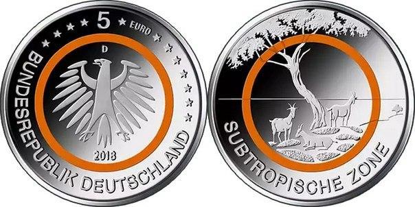 Монета Німеччини 5 євро 2018 р Субтропічна зона, фото 1