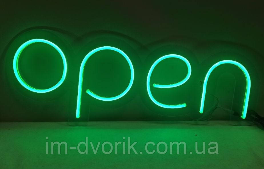 Неонова Led вивіска OPEN (відкрито) Зелена 700х250 см з пультом