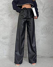 Трендові штани середньої посадки з бічними кишенями екошкіра на флісі чорний