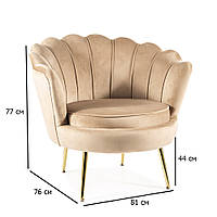 Крісло ракушка бежевий оксамит Camellia 1 напівкругле із золотими металевими ніжками в спальню
