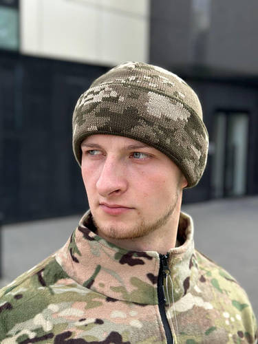 Армейская зимняя вязаная шапка пиксель шапка военная с отворотом ...