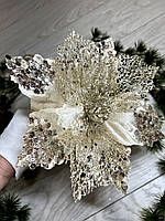 Різдвяна квітка-пуансеттія. Новорічна прикраса — пуансеттія ( шампань 25 см), фото 8