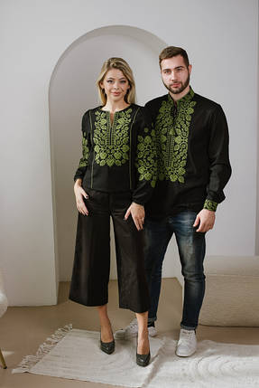 Вишиванка чорна чоловіча з зеленим орнаментом, Традиційна чоловіча вишиванка, фото 2