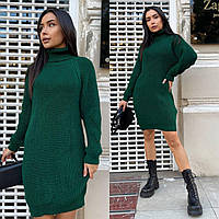 Женское платье под горло осень зима миди теплое вязаное зеленое размер 42-48 шерсть/акрил