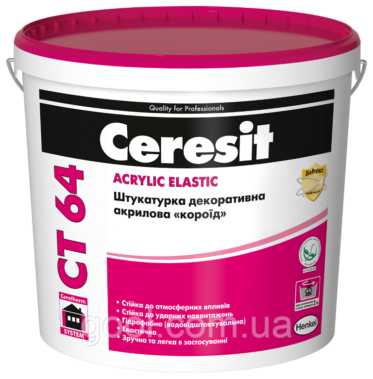 Ceresit CT 64 Acrylic Elastic (Церезіт СТ 64) акрилова декоративна штукатурка короїд 2.0 мм відро 25 кг, фото 1