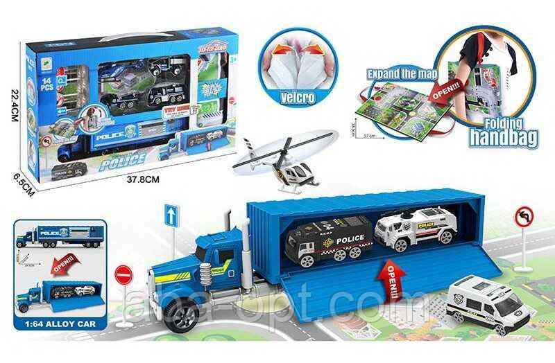 Машина парковка 660 А-347 (36/2) “Поліція”, 4 металопластикові машинки, карта-коврик, дорожні знаки, масштаб 1:64, в коробці, фото 1