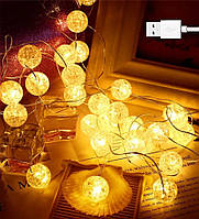 Світлодіодна гірлянда "Кришталеві кульки", 10м, 100 LED, від USB, 8 режимів, IP44, Теплий білий