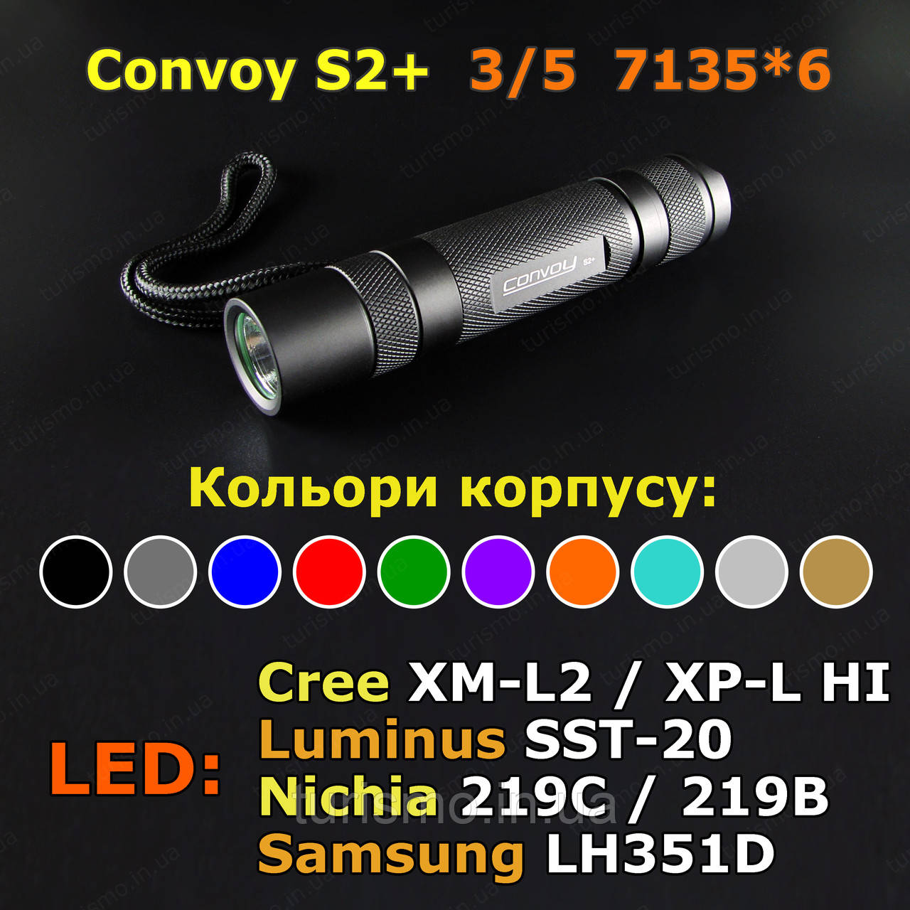 Convoy S2+, драйвер 2100-2280mА, режими 3/5 (2 групи), корпус Чорний, CREE XML-2, 6500K