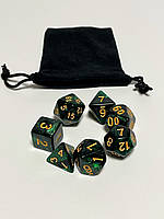 Гральні кубики багатогранні 7шт Темно-зелені із блискітнами + чорний мішечок в подарунок