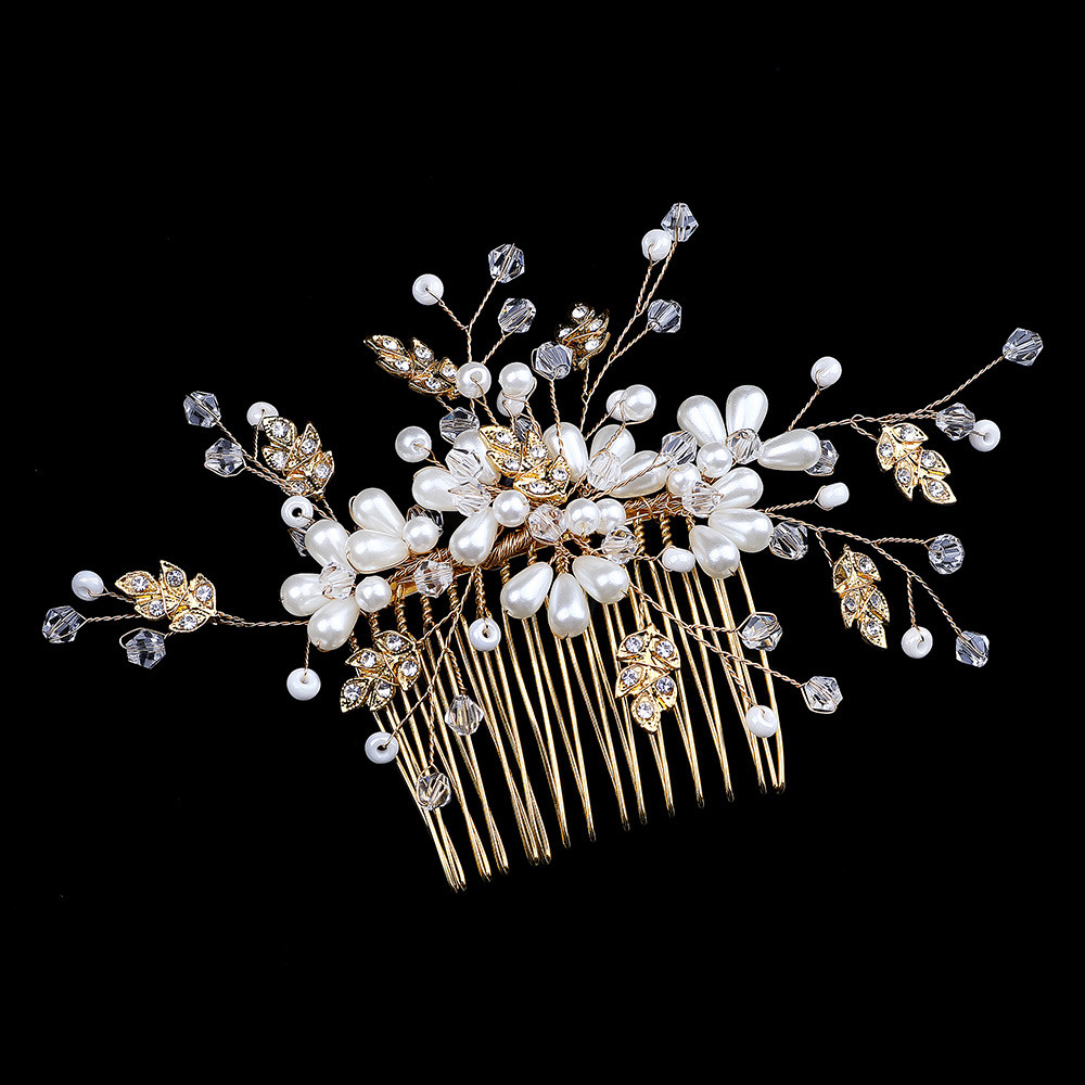 Весільний гребінь - Квіти з перлів (Золотий з білим)