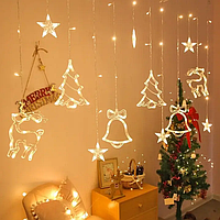 Гірлянда світлодіодна штора Різдвяна (ялинка, олень, дзвіночок) 138 led, 2.5м ширина, теплий білий