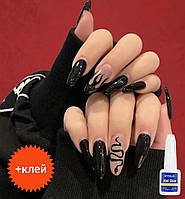 Накладные ногти матовые черно-бежевые + скотч для ногтей + клей в комплекте