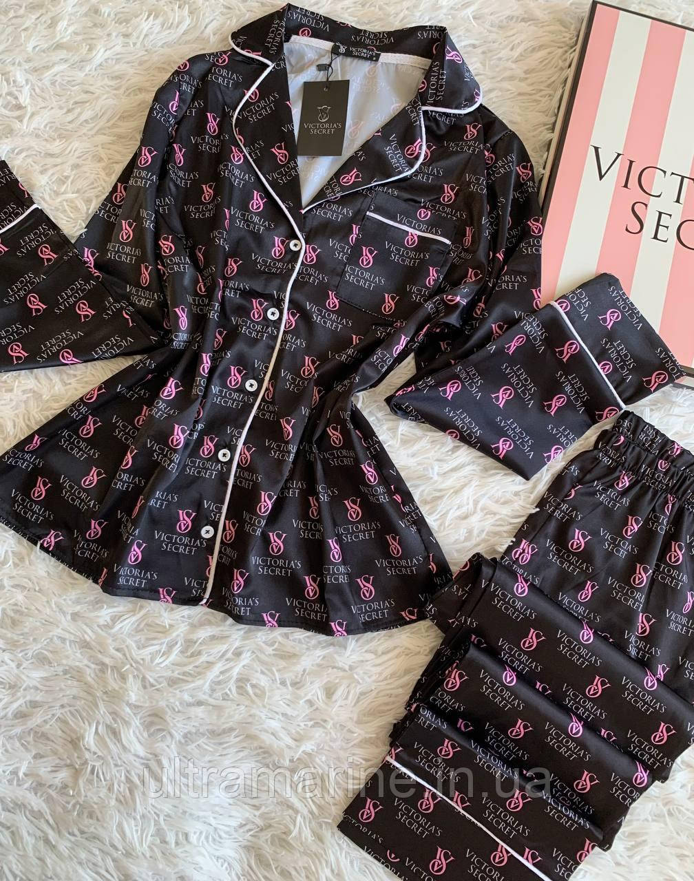 Жіноча шовкова піжама Victoria's Secret S-M чорна з логотипом бренду Вікторія Сікрет, фото 1