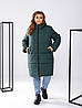 Тепла зимова жіноча подовжена до колін дута стьобана куртка з капюшоном, норма та батал великі розміри, фото 10