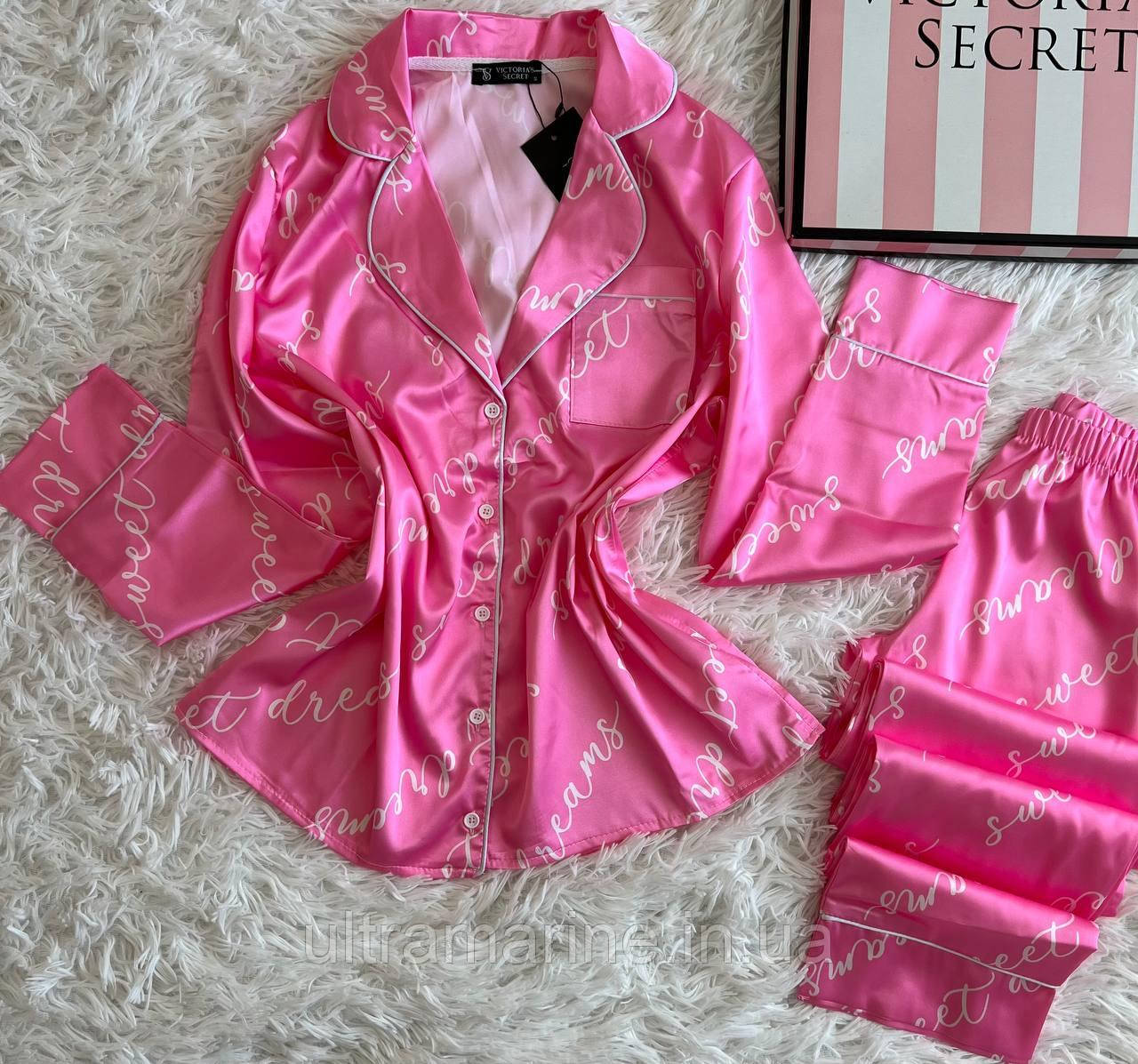 Жіноча сатинова піжама Victoria's Secret S-M рожева з принтом надписи