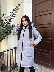Тепла зимова жіноча подовжена до колін дута стьобана куртка з капюшоном, норма та батал великі розміри
