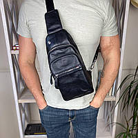 Мужская сумка на грудь черная бананка слинг натуральная кожа Dalas