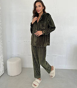 Жіноча піжама тепла Victoria's Secret сорочка і штани (Вікторія Сікрет) оксамит хакі