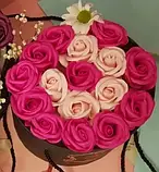 Подарунковий РОЖЕВИЙ набір мила з троянд у капелюшній коробці, Мильні квіти, фото 3