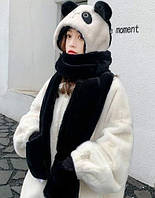 Чорна шапка Панда з вушками та шарфом і рукавицями 3в1, на подарунок