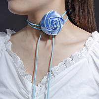 Чокер на шию Бутон Троянди блакитний з атласу на замшовому шнурку