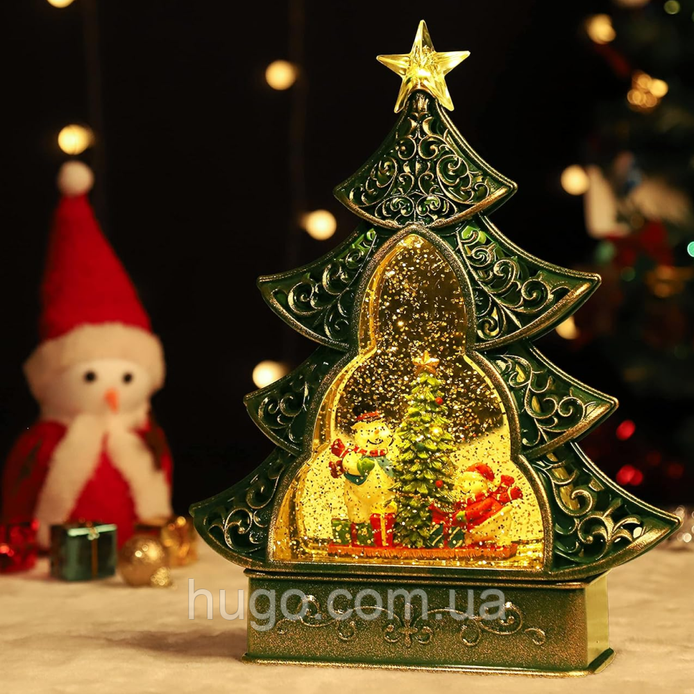 Новорічний нічник Ялинка з музикою та снігом на батарейках + USB, XMAS 21019A/B/C/D / Світильник до нового року