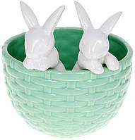 Декоративне кашпо "Кролики в кошику" 14х13.5х15см, кераміка, м'ятний з білим TOS