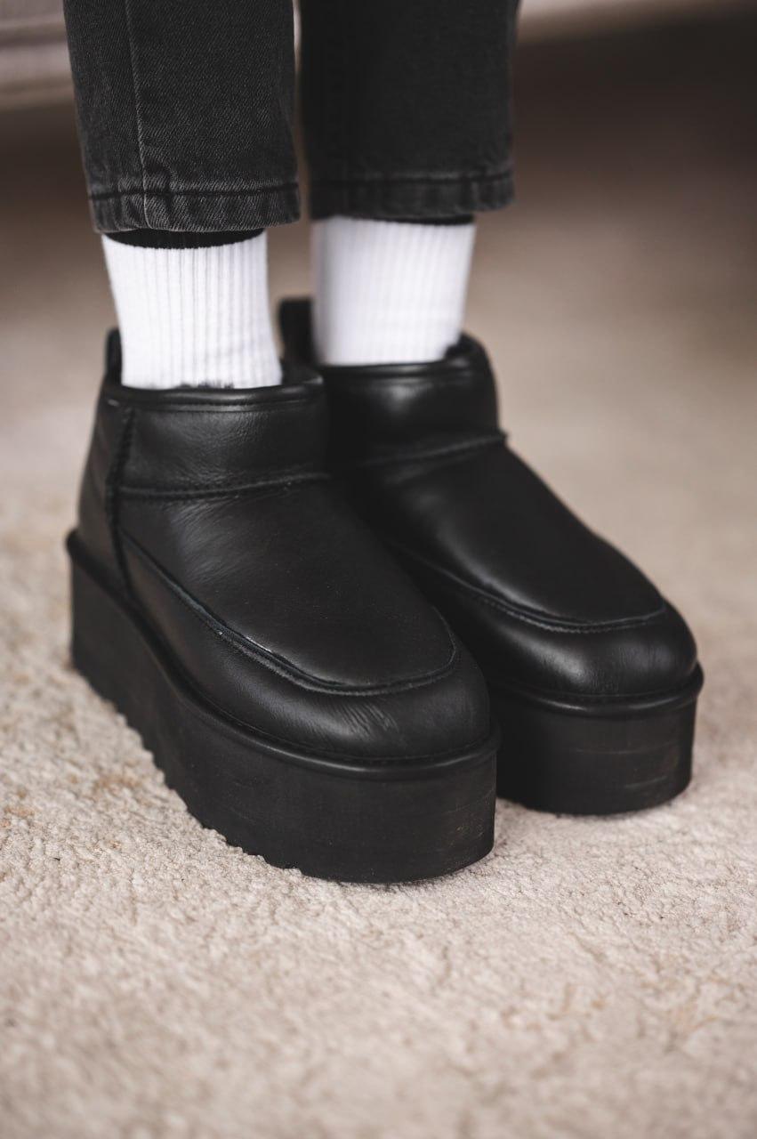 Уггі жіночі зимові чорні UGG Ultra Mini Black Platform Leather (14366)
