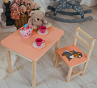 Детский стол с ящиком и стул для учебы (Розовый) Зайчик e11p10