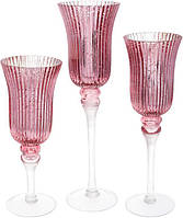 Набор 3 стеклянных подсвечника Preeti 30см, 35см, 40см, розовый с серебром TOS