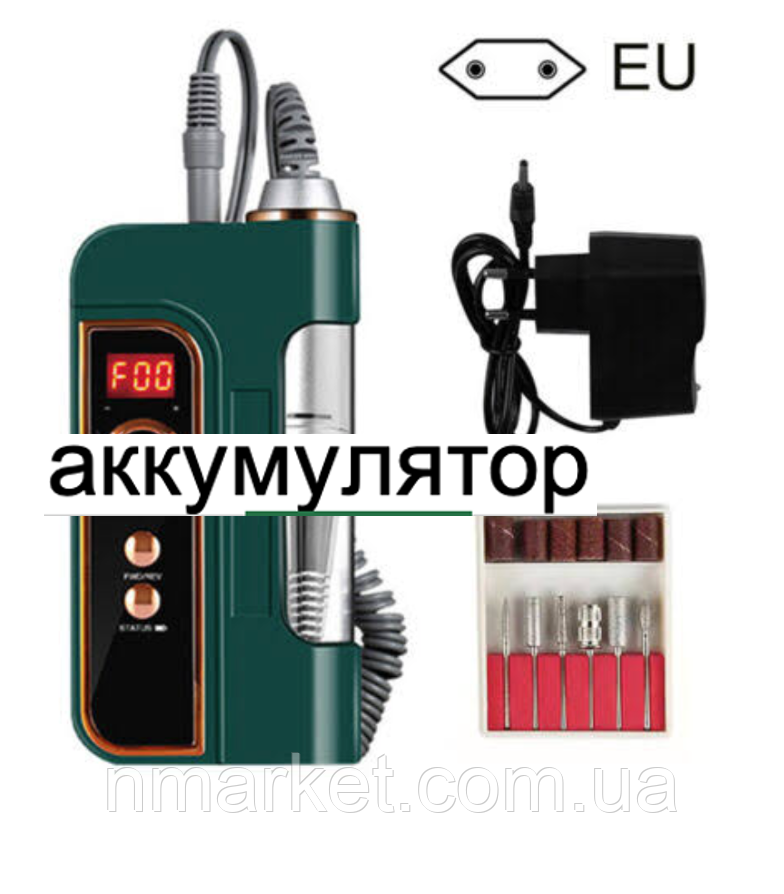 Фрезер для манікюру та педикюру BQ-301 з акумулятором, 45W/30 000 об./хв зелений і білий