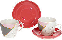 Кофейный набор "Мрамор" 2 чашки 240мл и 2 блюдца, фарфор, белый с розовым и серым TOS