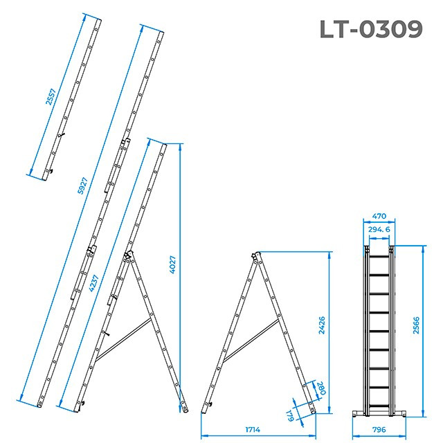 Лестница алюминиевая, 3-х секционная универсальная, 3*9 ступ., 5,93 м ИНТЕРТУЛ LT-0309 (профессиональная) - фото 5 - id-p2024435305