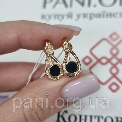 Сережки золоті у формі петельок з чорним круглим оніксом, фото 1