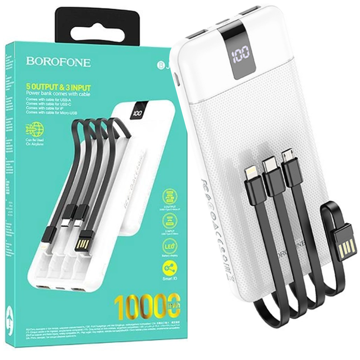 Повербанк 10000 mAh з вбудованими кабелями BOROFONE BJ20 Power Bank + кабелі Type-C, Lightning, MicroUSB