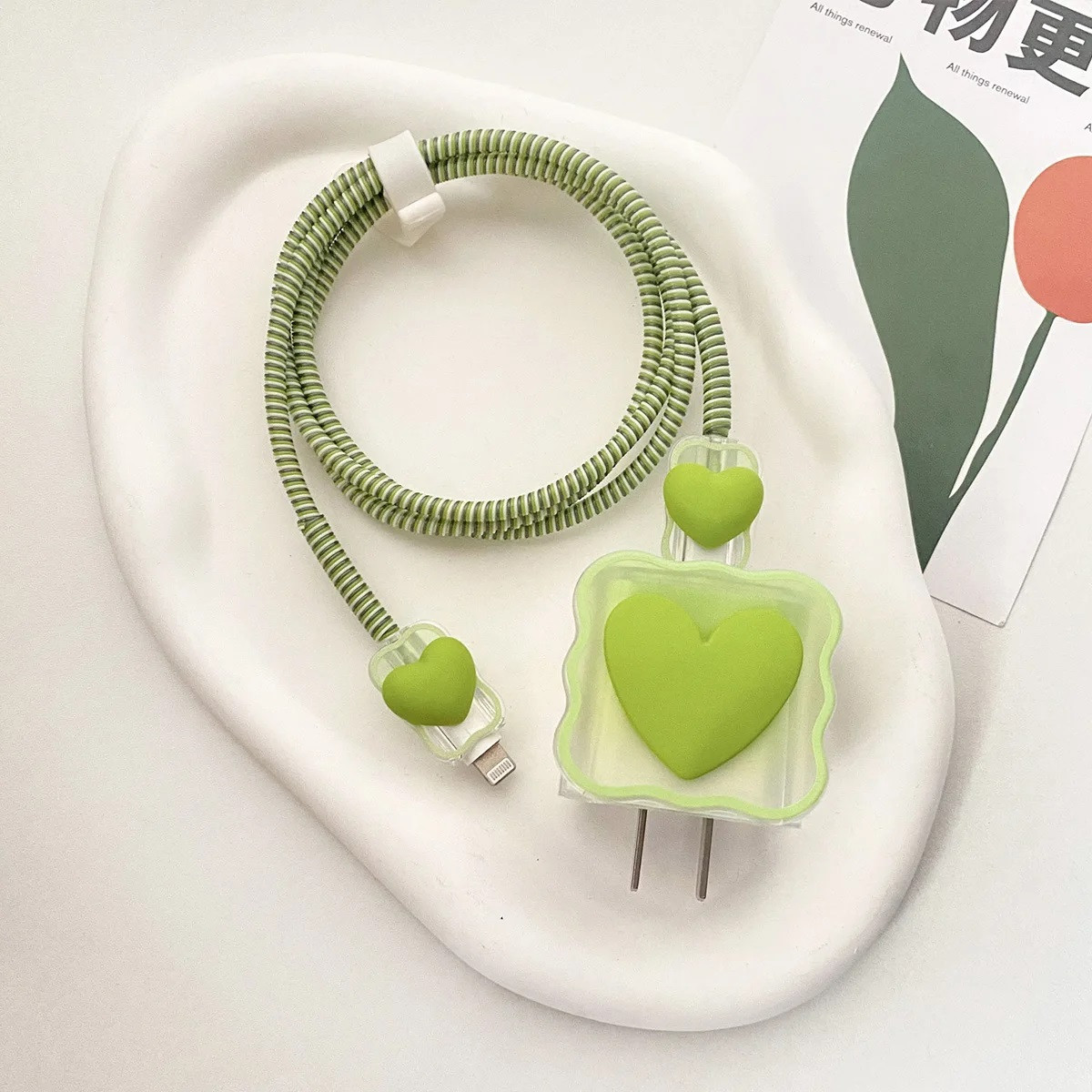 Чохол кейс для блока живлення ЗП iPhone iPad 18/20W + захист кабелю Серце Green (5 в 1)