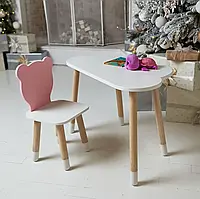 Белый столик облако и детский стульчик мишка розового цвета, Комплект мебели для детской комнаты