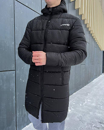 Пуховик подовжений чоловічий зимовий Adidas чорна куртка непромокальна дуже тепла силікон 300 г/кв.м подовжена, фото 1